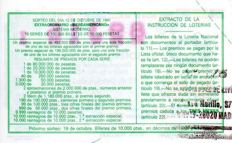 Reverso del décimo de Lotería Nacional de 1991 Sorteo 52