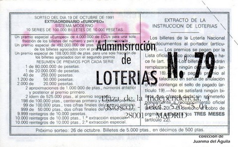 Reverso del décimo de Lotería Nacional de 1991 Sorteo 54