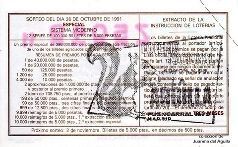 Reverso del décimo de Lotería Nacional de 1991 Sorteo 56