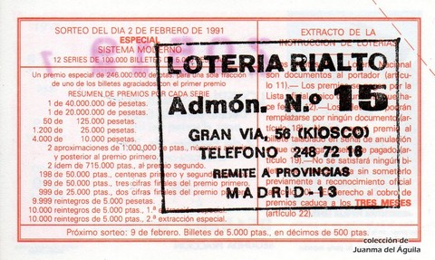 Reverso del décimo de Lotería Nacional de 1991 Sorteo 5