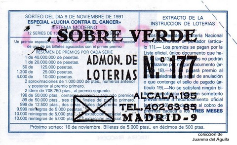 Reverso del décimo de Lotería Nacional de 1991 Sorteo 60