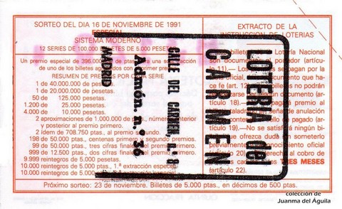 Reverso del décimo de Lotería Nacional de 1991 Sorteo 62
