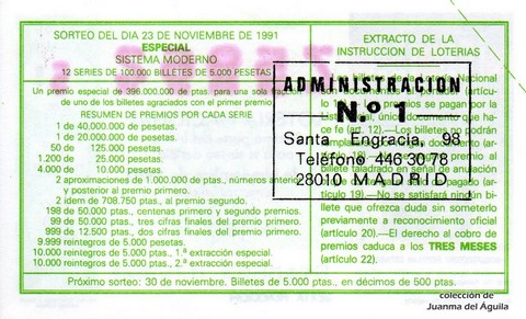 Reverso del décimo de Lotería Nacional de 1991 Sorteo 64