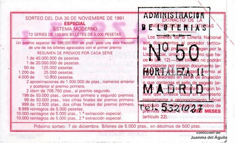 Reverso del décimo de Lotería Nacional de 1991 Sorteo 66