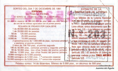 Reverso del décimo de Lotería Nacional de 1991 Sorteo 68