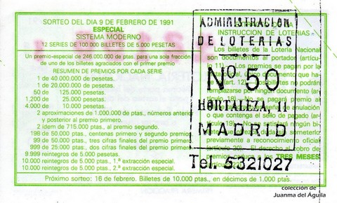 Reverso del décimo de Lotería Nacional de 1991 Sorteo 6