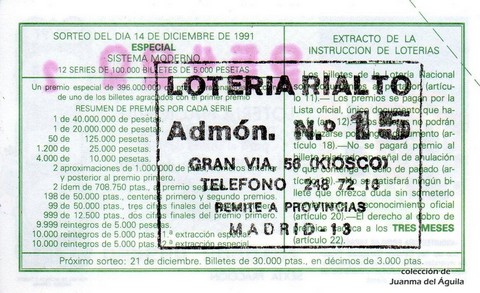 Reverso del décimo de Lotería Nacional de 1991 Sorteo 70