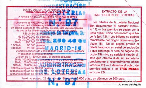 Reverso del décimo de Lotería Nacional de 1991 Sorteo 7