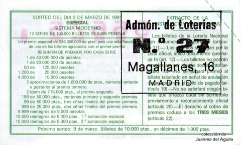 Reverso del décimo de Lotería Nacional de 1991 Sorteo 9