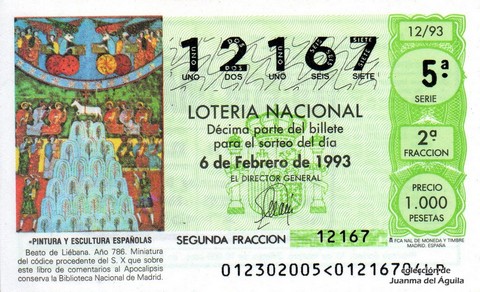 Décimo de Lotería Nacional de 1993 Sorteo 12 - «PINTURA Y ESCULTURA ESPAÑOLAS» - BEATO DE LIEBANA