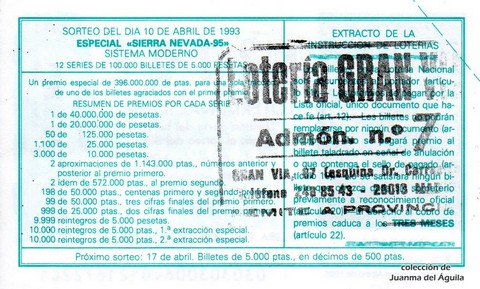 Reverso del décimo de Lotería Nacional de 1993 Sorteo 30