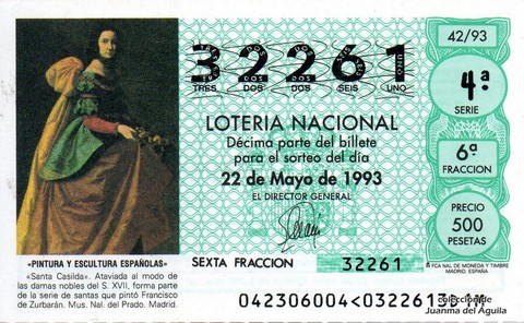 Décimo de Lotería Nacional de 1993 Sorteo 42 - «PINTURA Y ESCULTURA ESPAÑOLAS» - «SANTA CASILDA»