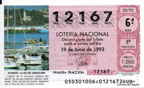 Décimo de Lotería Nacional de 1993 Sorteo 50 - VILANOVA I LA GELTRÚ (BARCELONA)
