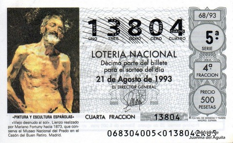 Décimo de Lotería Nacional de 1993 Sorteo 68 - «PINTURA Y ESCULTURA ESPAÑOLAS» - «VIEJO DESNUDO AL SOL»