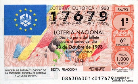 Décimo de Lotería Nacional de 1993 Sorteo 86 - BANDERA DE EUROPA Y LOGOTIPO DE LA ASOCIACION EUROPEA DE LOTERIAS Y LOTOS DE EUROPA