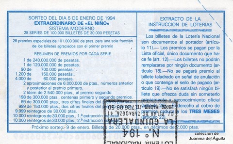 Reverso del décimo de Lotería Nacional de 1994 Sorteo 1