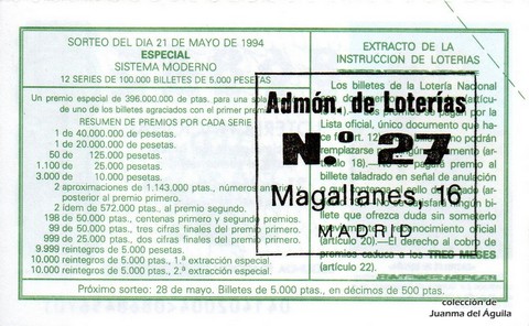 Reverso del décimo de Lotería Nacional de 1994 Sorteo 41