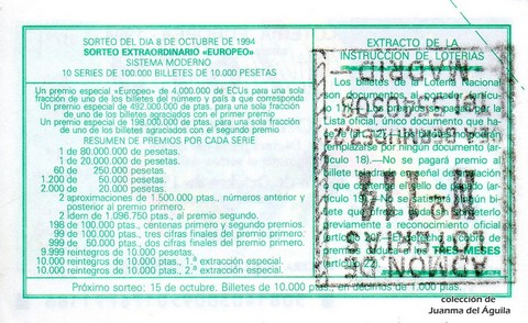 Reverso del décimo de Lotería Nacional de 1994 Sorteo 81