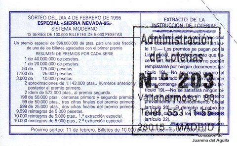 Reverso del décimo de Lotería Nacional de 1995 Sorteo 10