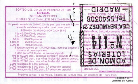 Reverso del décimo de Lotería Nacional de 1995 Sorteo 16
