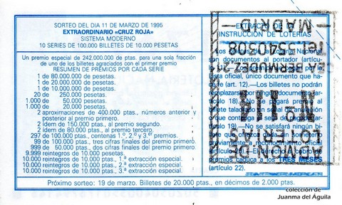 Reverso del décimo de Lotería Nacional de 1995 Sorteo 20