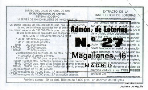 Reverso del décimo de Lotería Nacional de 1995 Sorteo 32