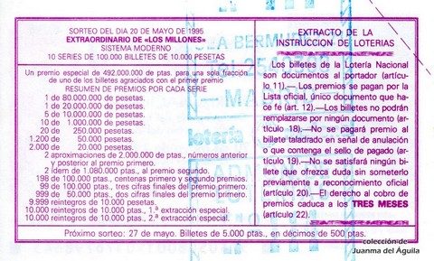 Reverso del décimo de Lotería Nacional de 1995 Sorteo 40