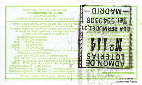 Reverso del décimo de Lotería Nacional de 1995 Sorteo 48