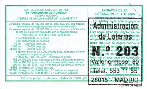 Reverso del décimo de Lotería Nacional de 1995 Sorteo 54