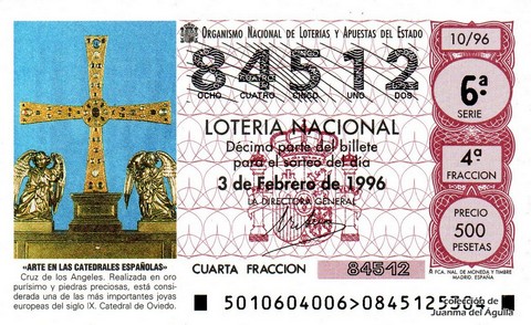 Décimo de Lotería Nacional de 1996 Sorteo 10 - «ARTE EN LAS CATEDRALES ESPAÑOLAS». CRUZ DE LOS ÁNGELES