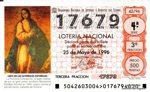 Décimo de Lotería Nacional de 1996 Sorteo 42 - «ARTE EN LAS CATEDRALES ESPAÑOLAS». LA PURÍSIMA CONCEPCIÓN