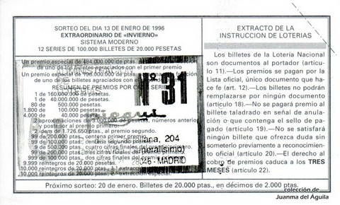 Reverso décimo de Lotería 1996 / 4