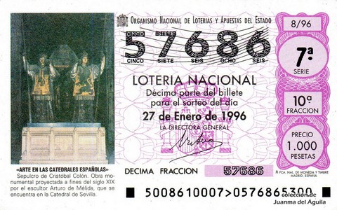 Décimo de Lotería Nacional de 1996 Sorteo 8 - «ARTE EN LAS CATEDRALES ESPAÑOLAS». SEPULCRO DE CRISTÓBAL COLÓN