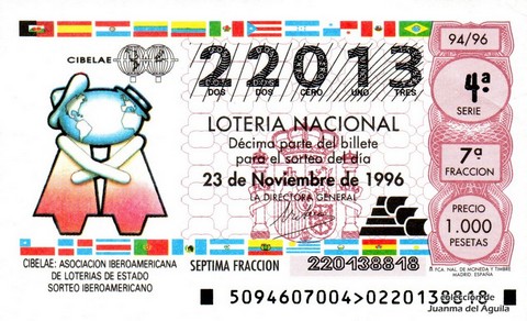 Décimo de Lotería Nacional de 1996 Sorteo 94 - CIBELAE: ASOCIACIÓN IBEROAMERICANA DE LOTERÍAS DE ESTADO