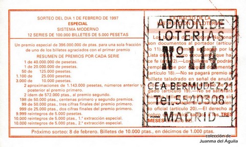 Reverso del décimo de Lotería Nacional de 1997 Sorteo 10
