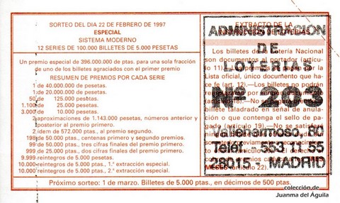 Reverso del décimo de Lotería Nacional de 1997 Sorteo 16