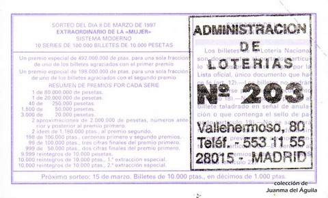 Reverso del décimo de Lotería Nacional de 1997 Sorteo 20