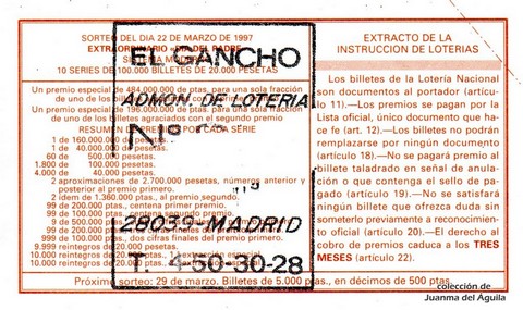 Reverso del décimo de Lotería Nacional de 1997 Sorteo 24