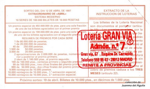 Reverso del décimo de Lotería Nacional de 1997 Sorteo 30
