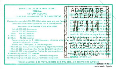 Reverso del décimo de Lotería Nacional de 1997 Sorteo 34