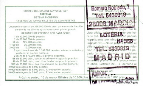 Reverso del décimo de Lotería Nacional de 1997 Sorteo 36