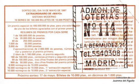 Reverso del décimo de Lotería Nacional de 1997 Sorteo 38