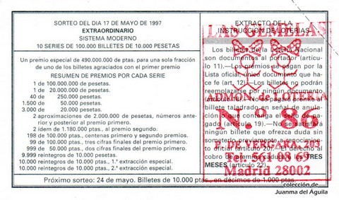 Reverso del décimo de Lotería Nacional de 1997 Sorteo 40