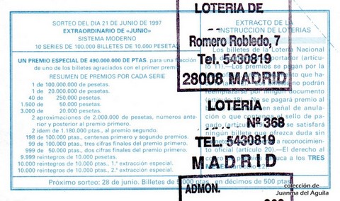 Reverso del décimo de Lotería Nacional de 1997 Sorteo 50