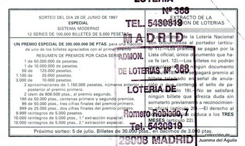 Reverso del décimo de Lotería Nacional de 1997 Sorteo 52