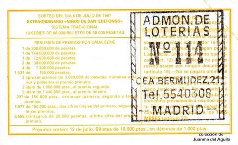 Reverso del décimo de Lotería Nacional de 1997 Sorteo 54