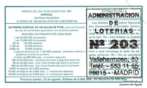 Reverso del décimo de Lotería Nacional de 1997 Sorteo 66