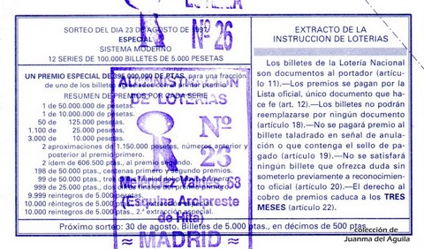 Reverso del décimo de Lotería Nacional de 1997 Sorteo 68