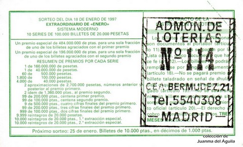 Reverso del décimo de Lotería Nacional de 1997 Sorteo 6