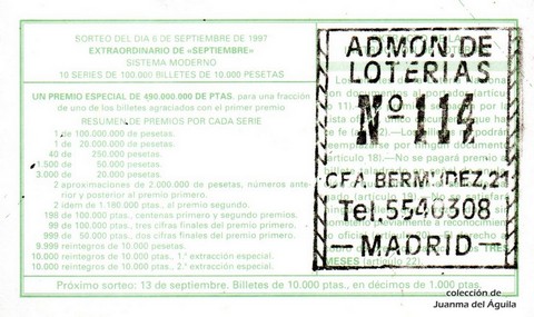 Reverso del décimo de Lotería Nacional de 1997 Sorteo 72
